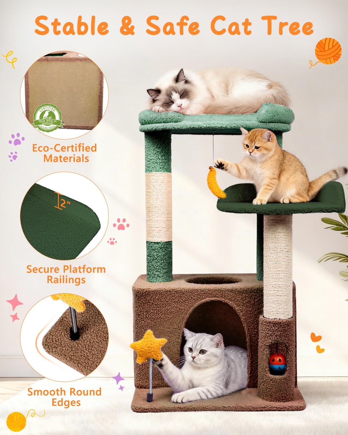 31" Cute Cat Tower for Indoor Kittens with Cat Condo, Plush Platform, 