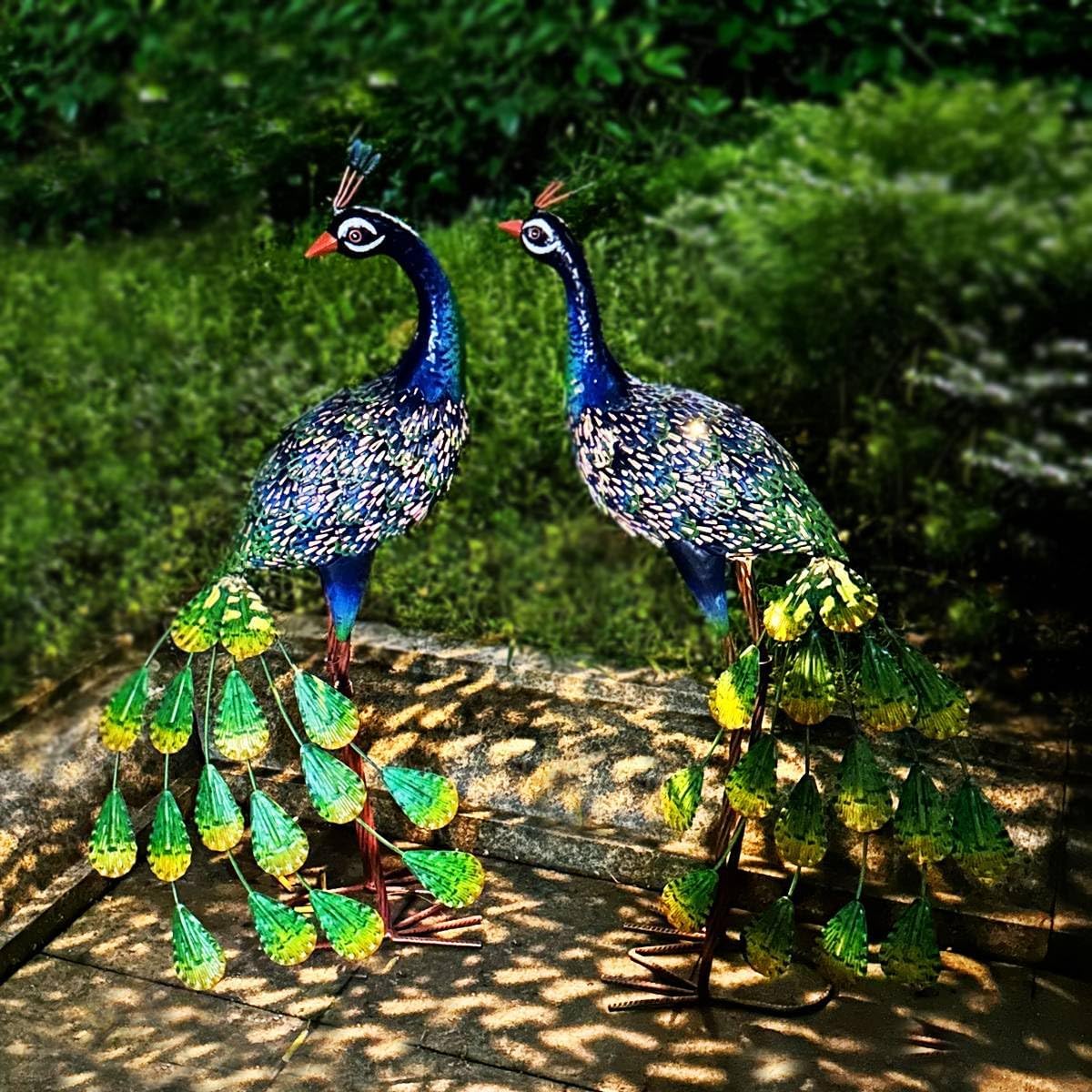 Kircust Solar Metal Peacock Statues - Set of 2 Weatherproof Outdoor Decor with Solar Lights for Garden, Yard, or Patio - Elegant Peacock Gifts