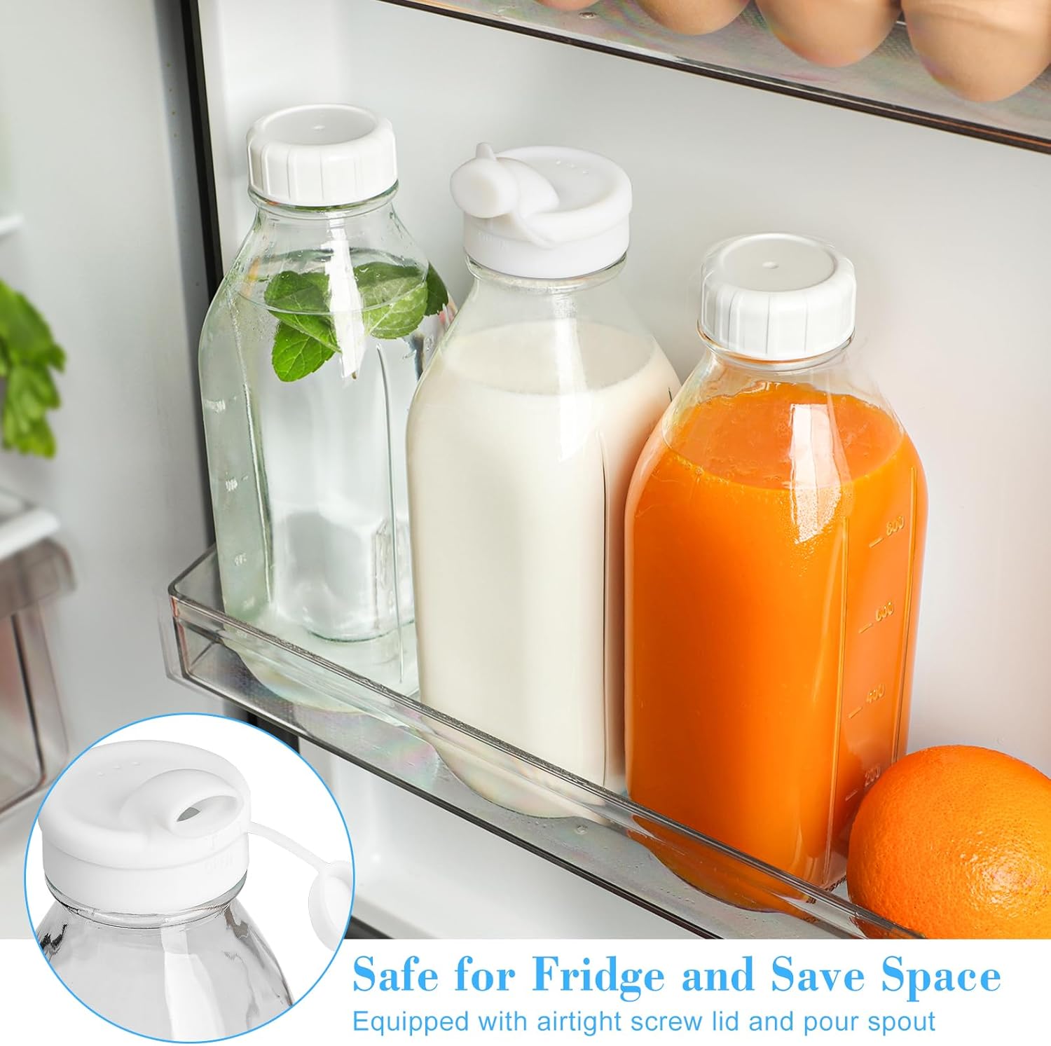 2 Pack Glass Milk Bottle with 2 Dispenser Caps, 100% Airtight Heavy Du