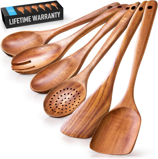 Zulay Kitchen 6 Piece Wooden Spoons for Cooking – Natural Teak Wooden 