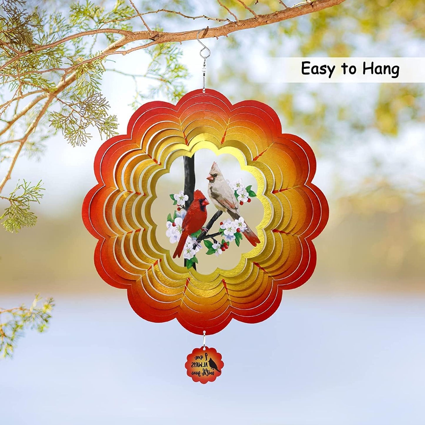 3D Wind Spinner Red Cardinal Birds,Metal Spring Outdoor Garden Decor Stainless Steel We Will Always with You Whirligig Yard Art Ornament,Decoration Indoor Memorial for Women Mom Mother's Day