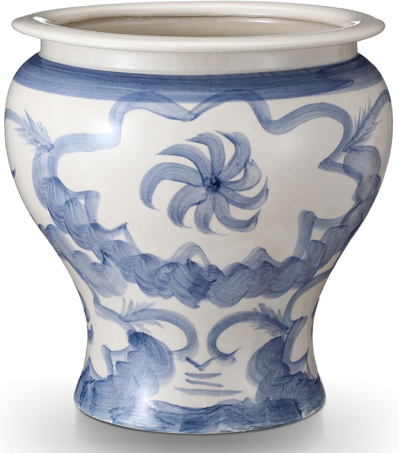 12'' Ceramic Blue and White Planter Large Chinoiserie Vase Plant Pot Indoor Porcelain Flower Pot Urn Scroll Vase with Drainage Hole Chinese Oriental Decorative Gift for Gardening Home