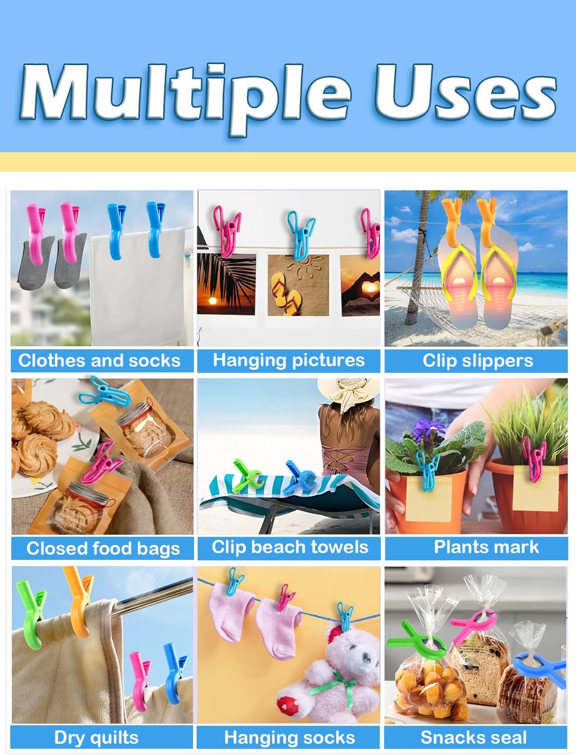 Large Beach Towel Clips, 8 PCS Beach Chair Clips with 2PCS Chip Clips for Chair Cruise Pool, Heavy Duty to Beach Vacation Essentials(Pink, Green, Orange, Blue)
