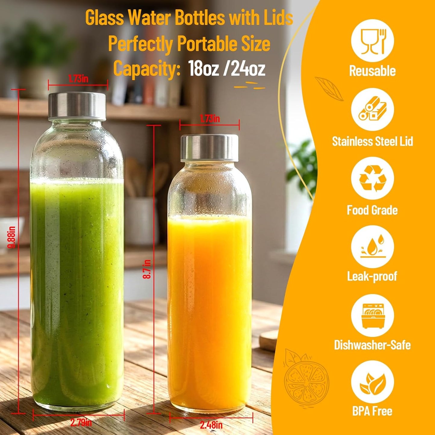 Clear Glass Bottles with Lids 18 oz, Reusable Glass Water Bottles with Stainless Steel Cap for Refrigerator, Juicing, 100% Leak Proof, BPA Free, Juice Bottle Drinking Jar Containers Set of 6