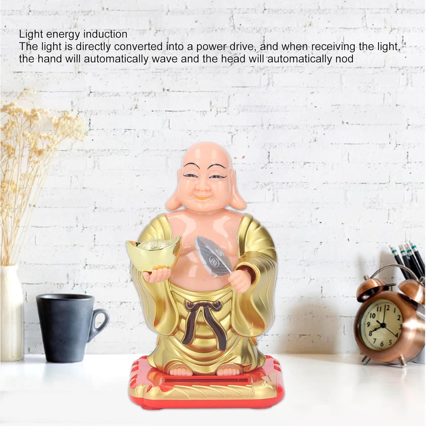 Standing Maitreya Buddha Solar Ornaments, Light Energy Sensing Automatically Wave Hand Nod Head Car Dashboard Ornament Home Wealth Health Lucky Ornaments
