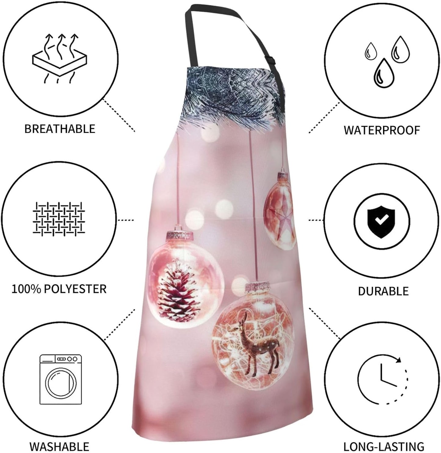 Pink Christmas Ball Print 28x33 In Adult Kitchen Apron with Pockets Versatile Chef Smock for Cooking Baking
