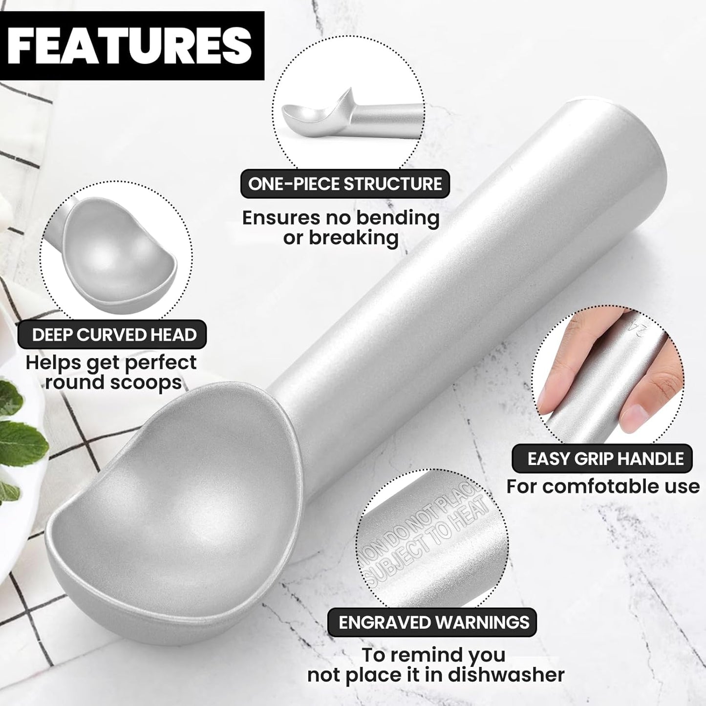 7 inch Ice Cream Scoop - One-Piece Nonstick Aluminum Ice Cream Scooper - Professional Metal Ice Cream Spoon - Durable, Easy to Use & Clean - Lightweight Cookie Spoon - Scoop Ice Cream (Sliver)