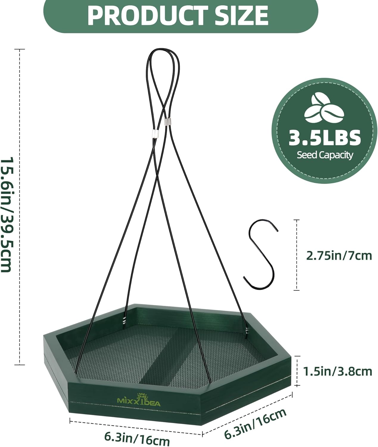 MIXXIDEA Platform Bird Feeder Tray, Hanging Bird Feeders for Outdoors, Wooden Seed Tray Mesh Seed Platform for Garden Yard Outside Decoration Attracting for Wild Birds (1pk-Green)