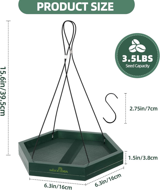 MIXXIDEA Platform Bird Feeder Tray, Hanging Bird Feeders for Outdoors, Wooden Seed Tray Mesh Seed Platform for Garden Yard Outside Decoration Attracting for Wild Birds (1pk-Green)