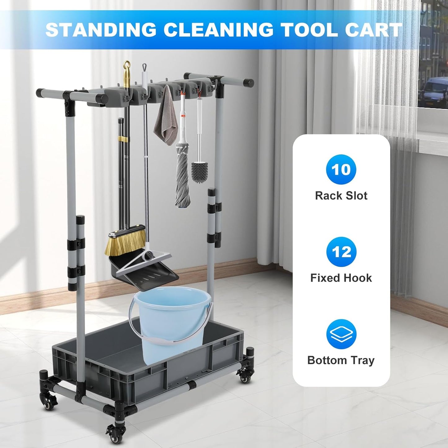 Broom and Mop Holder Freestanding Mobile Cleaning Tool Storage Rack,Fl