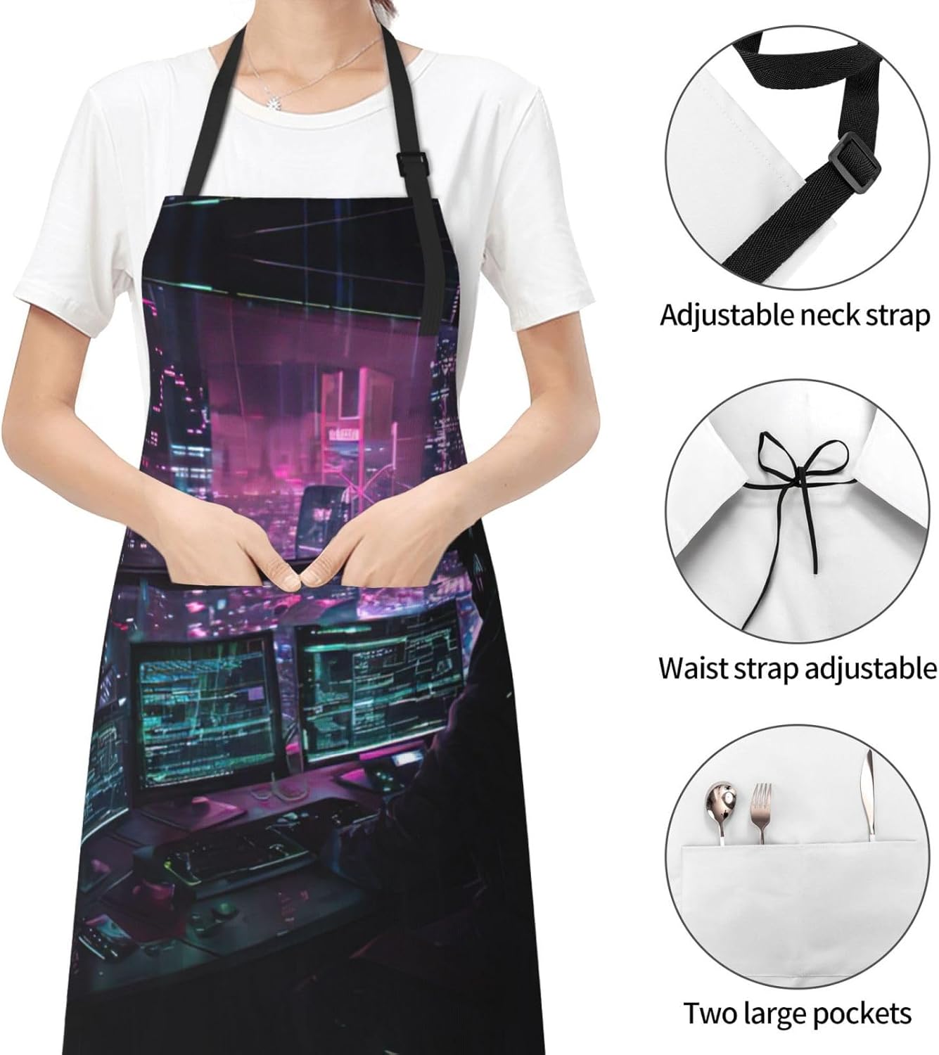 hacker era print Waterproof chef's apron with pocket apron for kitchen cooking baking barbecue and gardening
