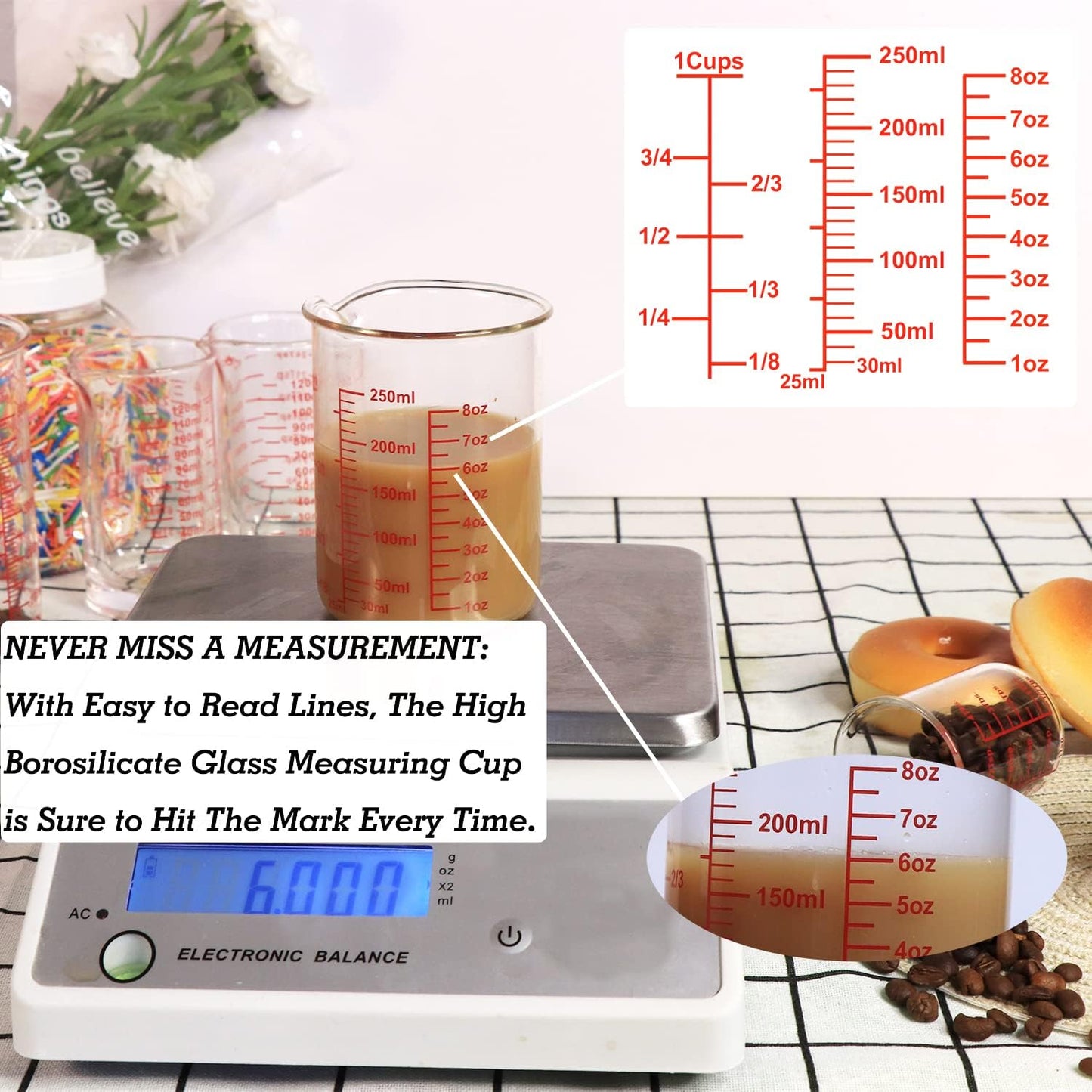 Ackers High Borosilicate Glass Measuring Cup Set with Pour Spout,60ml(2OZ),120ml(4OZ), 250ml(8OZ) Glass Measuring Beaker for Kitchen or Restaurant, Easy to Read