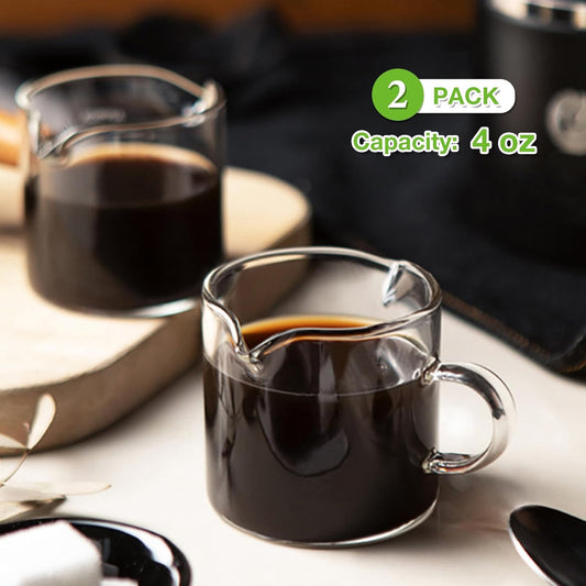 Espresso Cups Set of 2, 4 OZ Double Spouts Cups, Shot Glasses, Milk Cup with Handle, Clear Glass, Espresso Accessories for Machine, Small