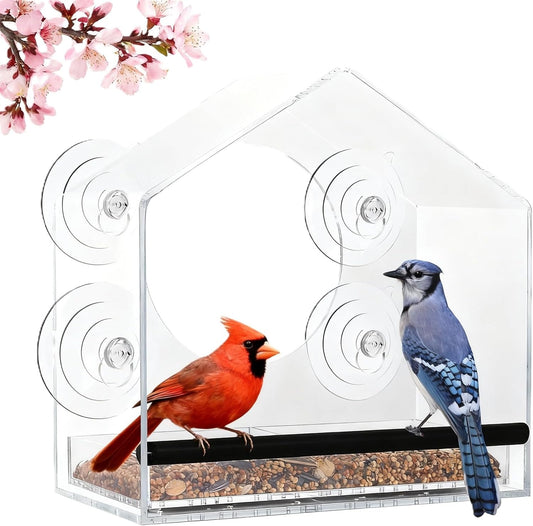 Window Bird Feeder with Strong Suction Cups for Outdoor Bird Watching, Sturdy Durable with Dual Detachable Seed & Water Trays, Easy Clean & Refill, Gift for Mom Bird