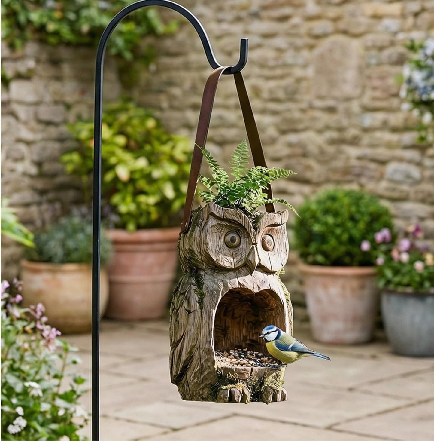 Creative Resin Owl Bird Feeder Hand Painted Outdoor Hanging Decor for Garden, Easy Refill & Weather, Unique Gift