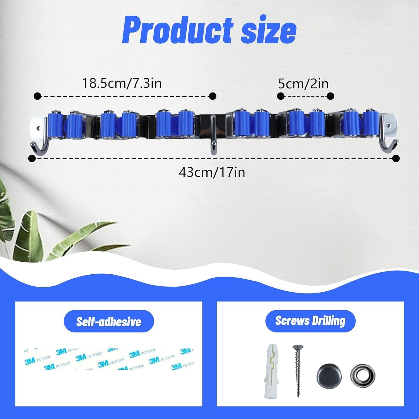Broom Holder Mop Hanger Wall Mount Metal Organization Garage Storage System Laundry Room Closet Shed Garden Kitchen Tool Organizer (6 Racks with 3 Hooks, Blue)