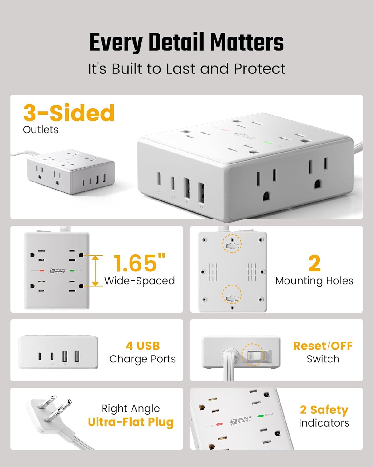 10Ft Extension Cord with Multiple Outlets, Flat Plug Surge Protector P