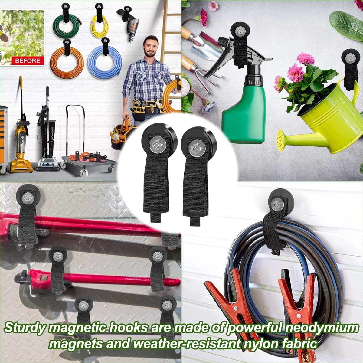 JEEJINYAN® 4 PCS Heavy Duty Magnetic Hooks, Magnetic Garage Hooks, Magnetic Tool Holder, Tool Organization Cord Strap for Cars, Garage, RV, House, Ropes