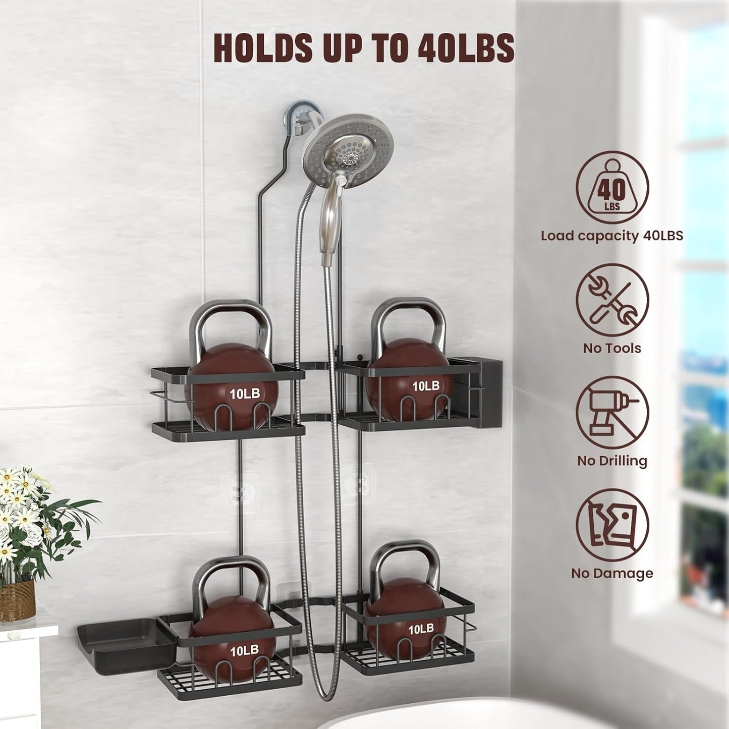 REINHARDT Adjustable Shower Caddy Hanging Rustproof Shower Caddy for Handheld Showerheads, Shower Organizer with Hooks Soap Holder Toothbrush Holder, Anti-Swing Shower Rack Bathroom Accessories, Black