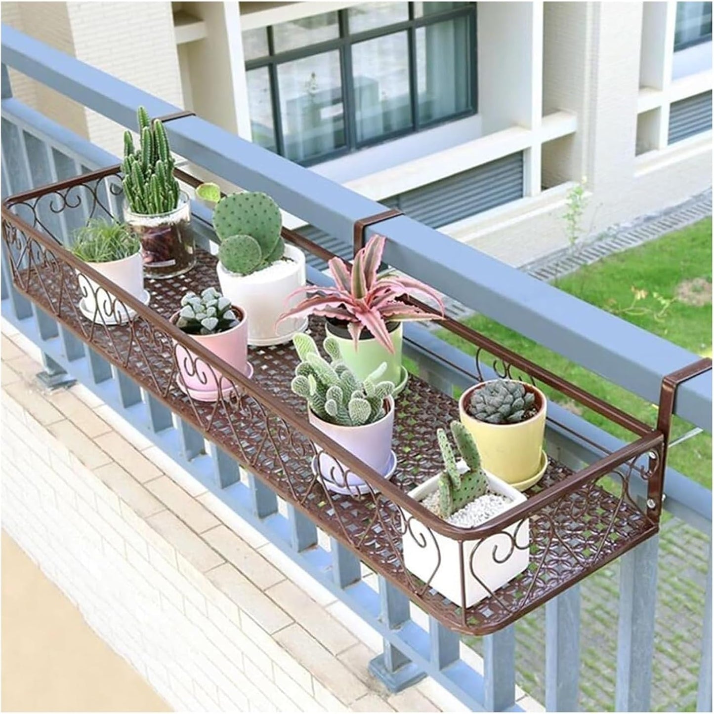 Black Iron Railing Planter - Hanging Fence Planter, Decorative Flower Shelf for Window Sill, Durable Outdoor Garden Display Stand (Brown, 20x80x12cm)