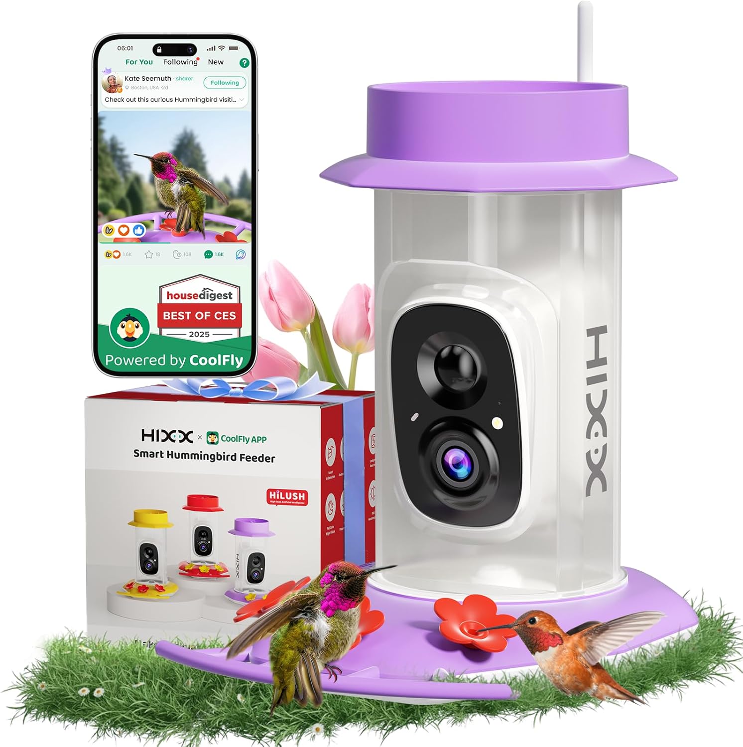 HIXX Solar Powered Hummingbird Feeder with Camera, Ant & Bee Proof Des