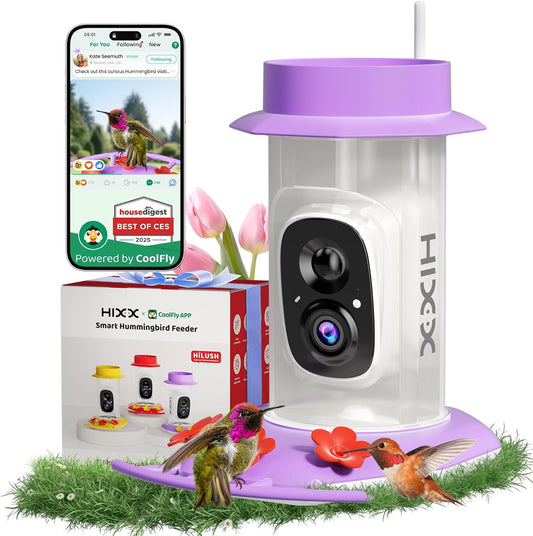 HIXX Solar Powered Hummingbird Feeder with Camera, Ant & Bee Proof Des