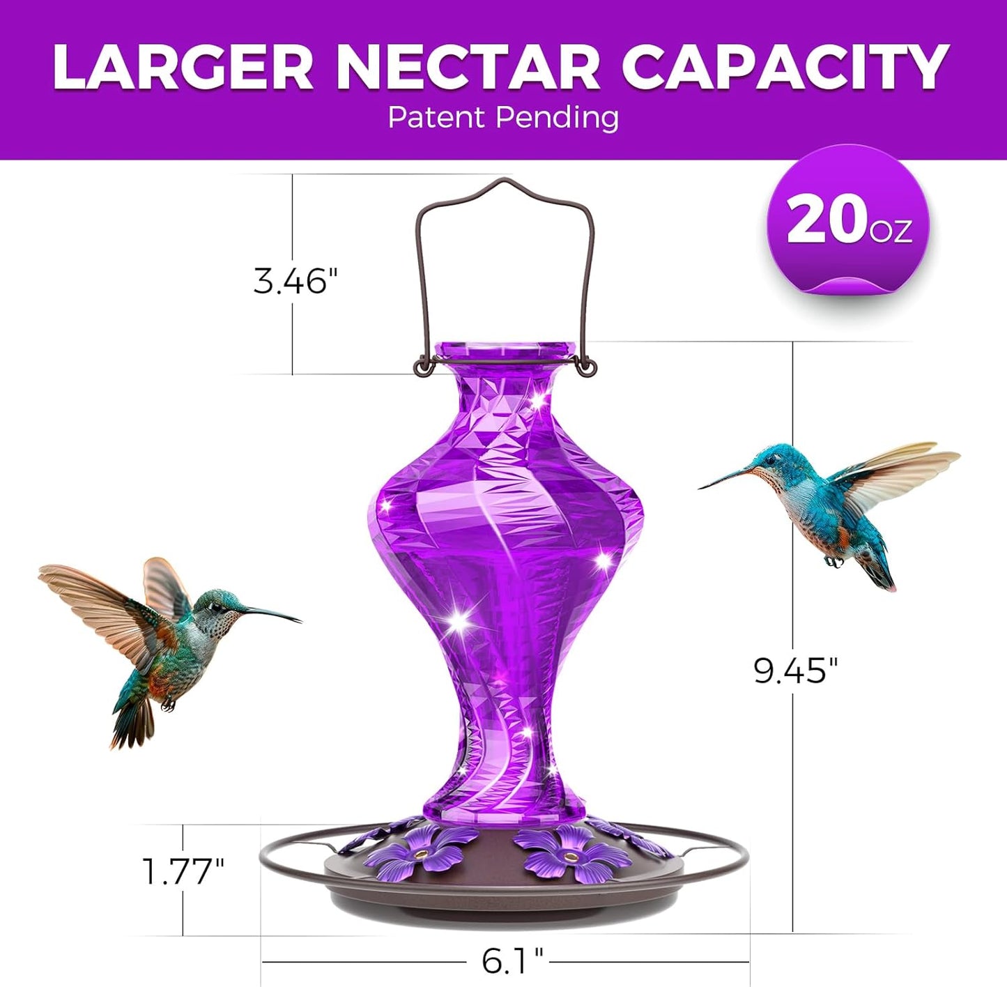 Glass Hummingbird Feeder for Outdoors Hanging, Bird Nectar Feeder with Perch & 5 Flower Feeding Ports, 20 Oz Leak Proof for Outside Garden Decor Backyard, Gifts for Women Mom, Purple