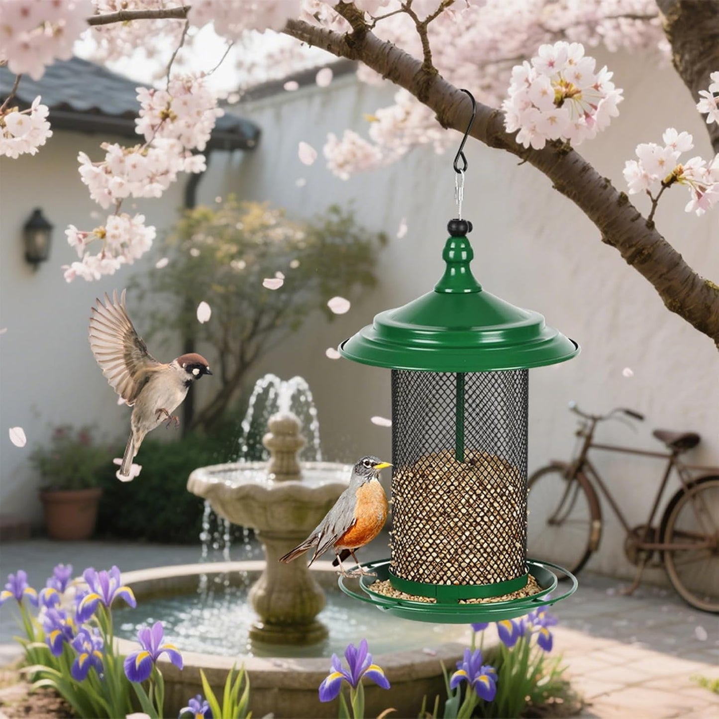 Squirrels Outdoor Bird Feeder Metal Construction Feeding Ports Weatherproof Roof Design for Finches Squirrels Bird Feeder