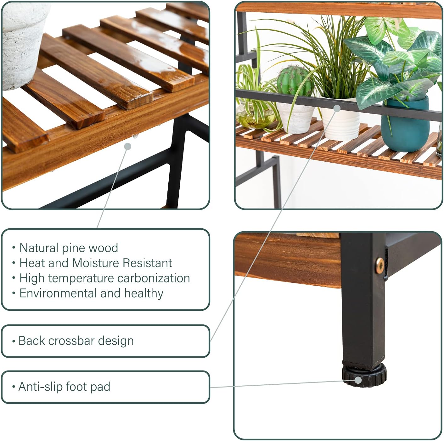 ULIKE Plant Stand Outdoor Indoor Hanging Plant Shelf for Multiple Plants 3 Tier Tall Plant Stand Wood Rack with Metal Frame for Patio Garden Balcony
