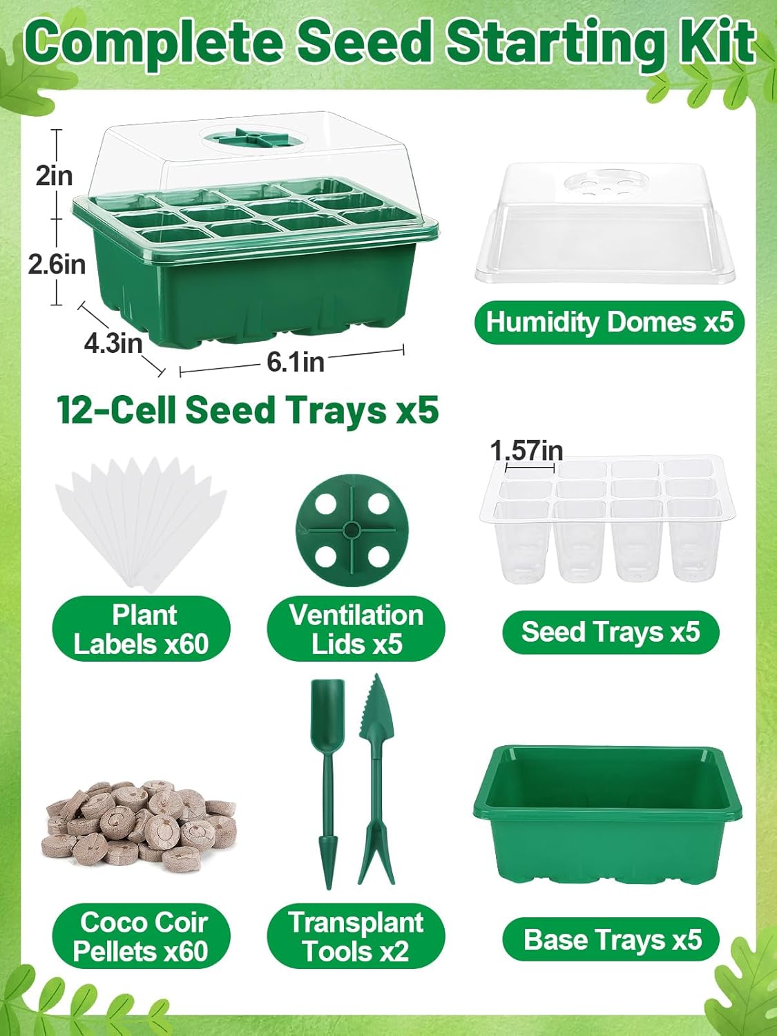 Apipi 5 Pack Seed Starter Kit with 60 Coco Coir Pellets - 60 Cell Seed