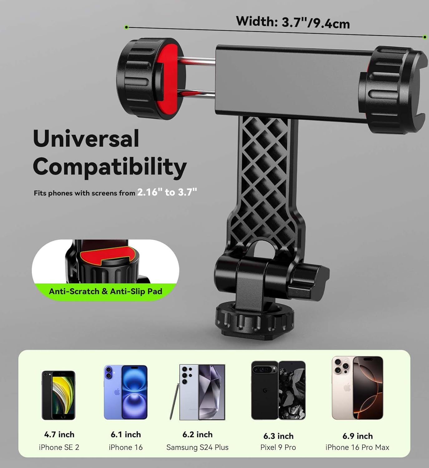 Phone Tripod Mount, Universal Smartphone Holder with 2 Cold Shoe Mount Adapter and 1/4" Standard Screw Thread, 360°Rotation & 180°Tilt Phone Clamp Compatible with iPhone & Android for Photography