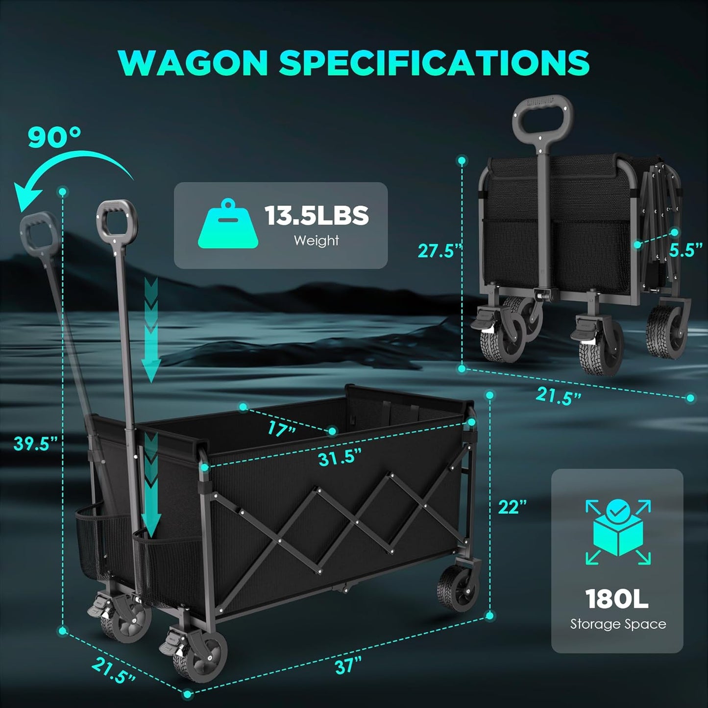 Wagons Carts Foldable Collapsible Foldable Extended Wagon with Brakes, 500lbs Weight Capacity, Heavy Duty Folding Utility Garden Cart with Big All-Terrain Beach Wheels & Drink Holders