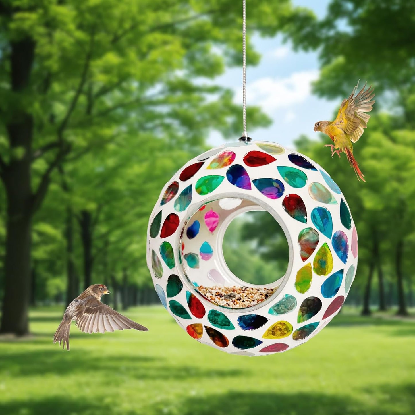 Hanging Bird Feeders for Outdoor Glass Mosaic Fly Through Wild Bird Feeder Round Shape Birdfeeder for Outside Garden Yard Patio Decoration White