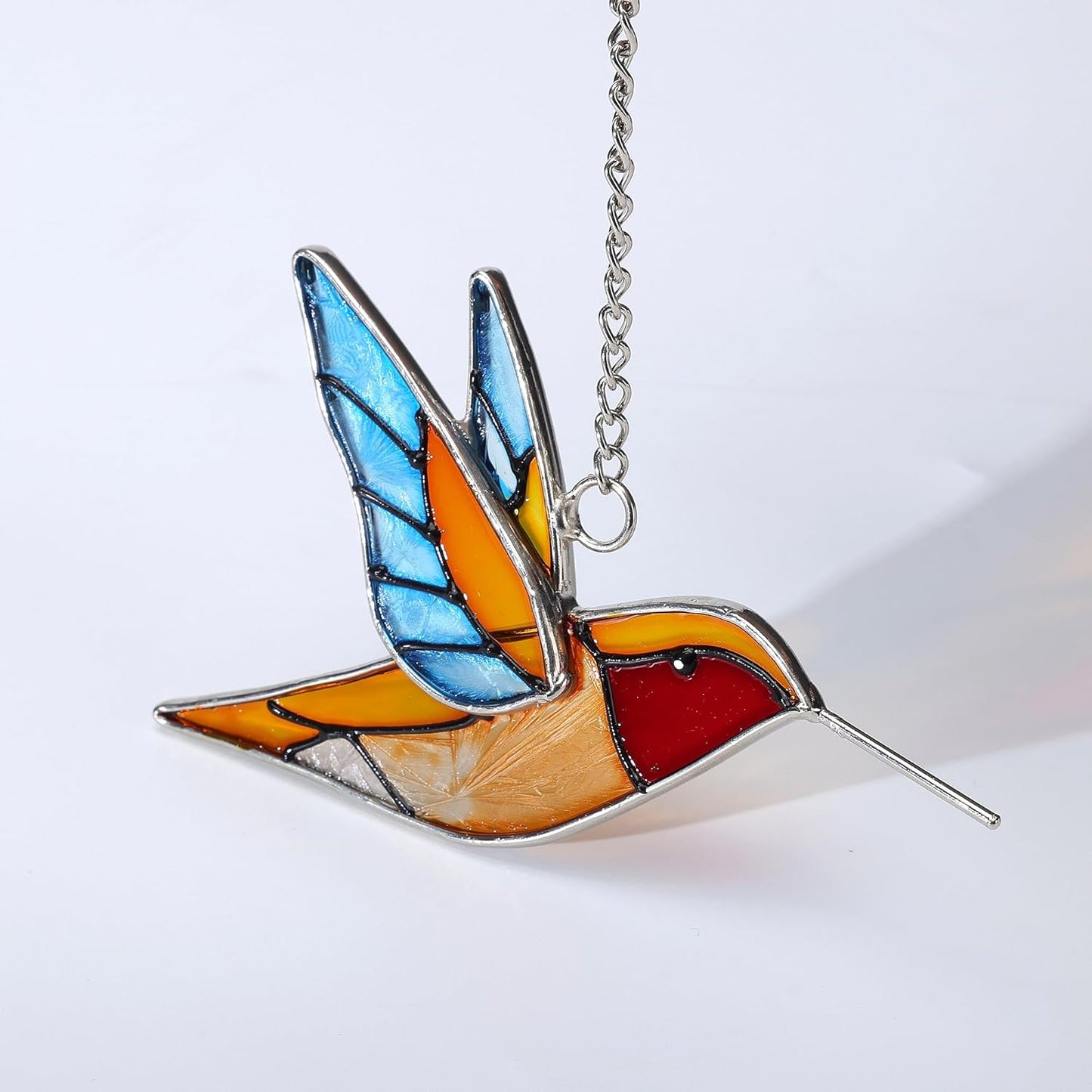 Handmade Stained Glass Hummingbird Hanging Ornament - Colorful 4.3x4.9 Inch Window/Garden Decor for Mom, Grandma, Mother's Day - Patio, Home, Wedding Decorations (Blue Wings)