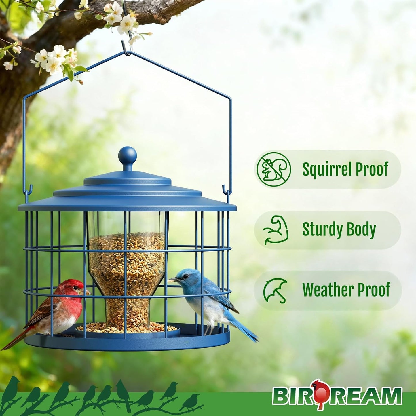 Squirrel Proof Bird Feeder, Metal Cage Bird Feeder for Outdoors Hanging, Starling Resistant Design for Small Birds, Weatherproof with Drain Holes, Easy to Refill, Blue