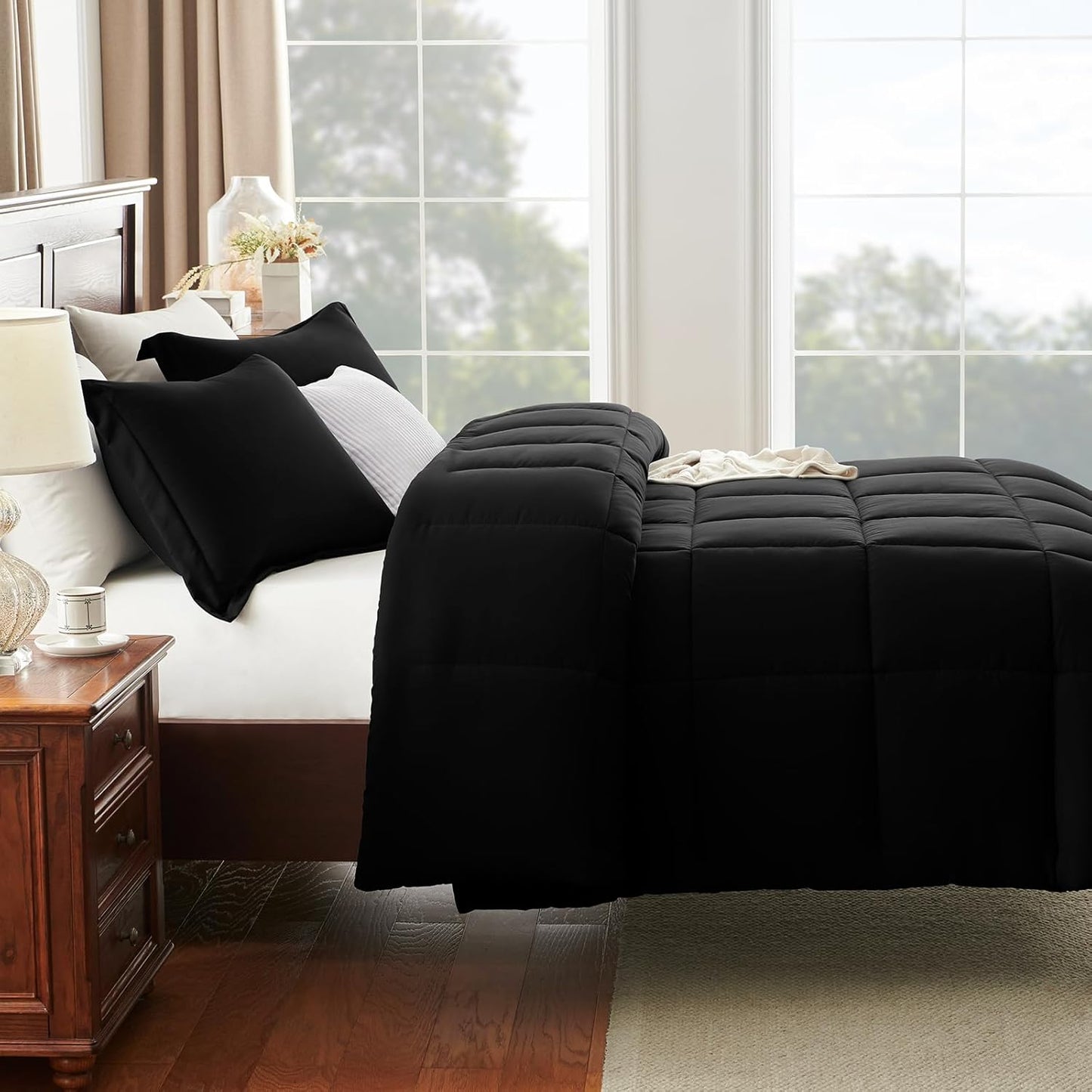 CozyLux Queen Comforter Set Black - 3 Pieces Box Stitched Comforters Queen Size, Soft Bed Set for All Seasons, Lightweight Bedding Sets with 1 Down Alternative Comforter and 2 Pillow Shams