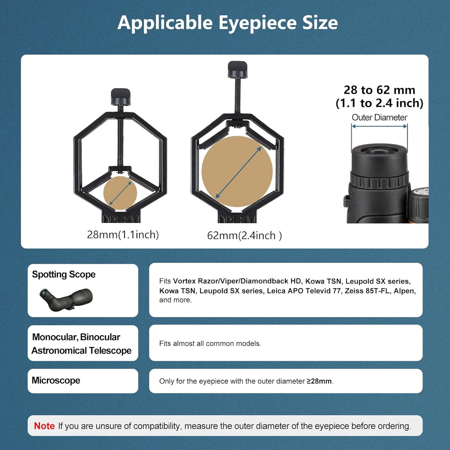 VANKEY Large Telescope Phone Mount, Metal Phone Adapter for Spotting Scope, Monocular, Binocular - Fits iPhone, Samsung and More Smartphone (Bluesky V1-L)