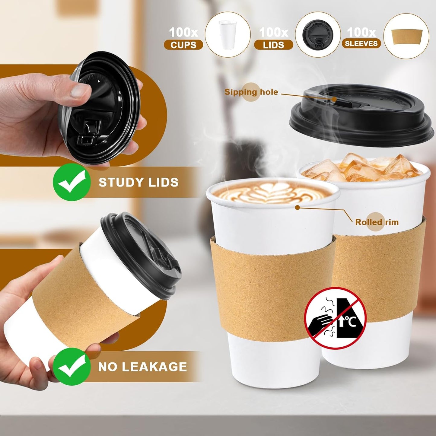 Lamosi 100 Pack 16 oz Disposable Coffee Cups with Lids and Sleeves, Leak-Proof To Go Paper Coffee Cups with Lids, Hot/Cold Beverage White Drinking Cup for Home, Office, Parties, Travel
