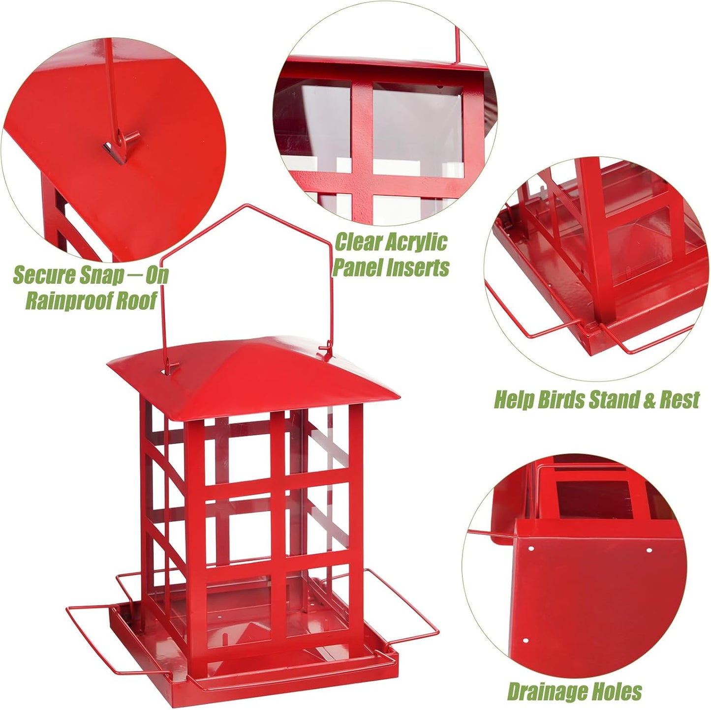 Bird Feeder, Heavy Duty Metal Bird Feeders for Outdoor Hanging, Retro Red House Wild Birdfeeder, Rainproof & Waterproof, 4 LBs Large Capacity