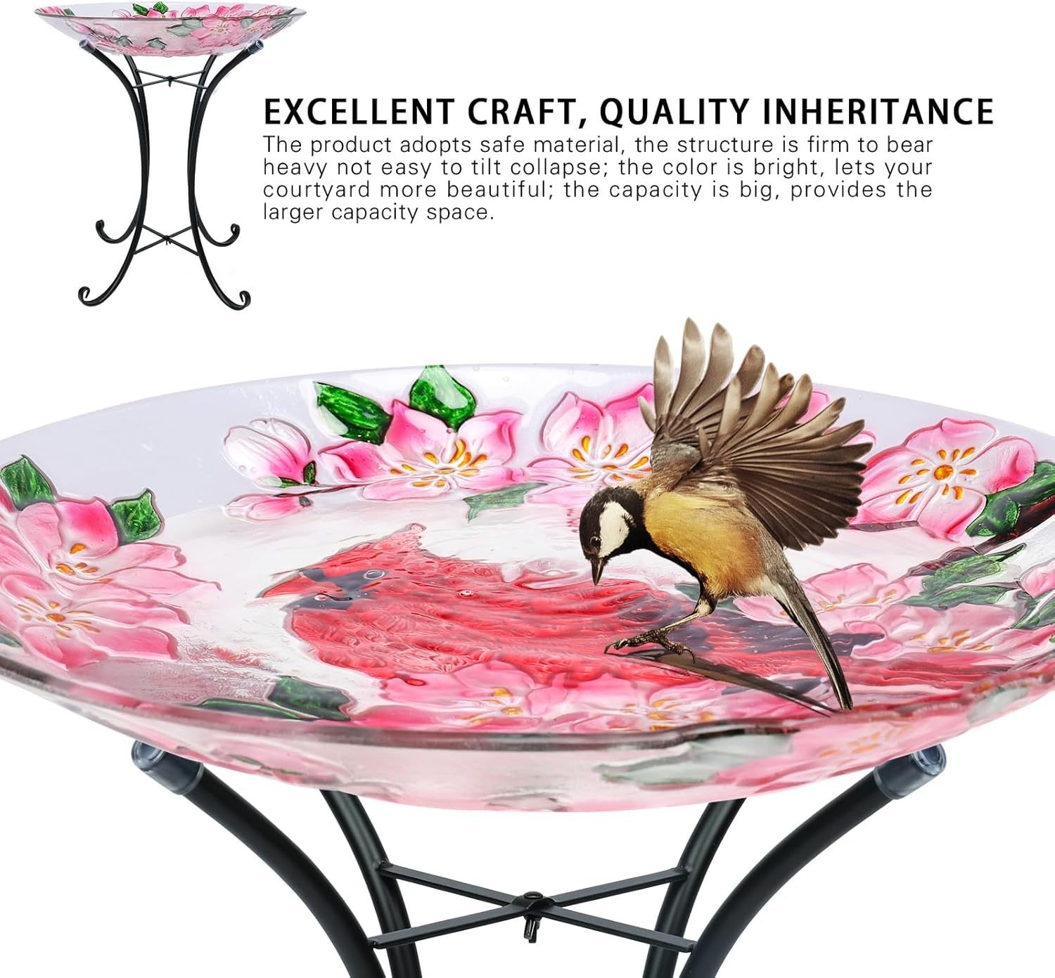 MUMTOP Outdoor Glass Birdbath with Metal Stand for Outside Lawn Yard G