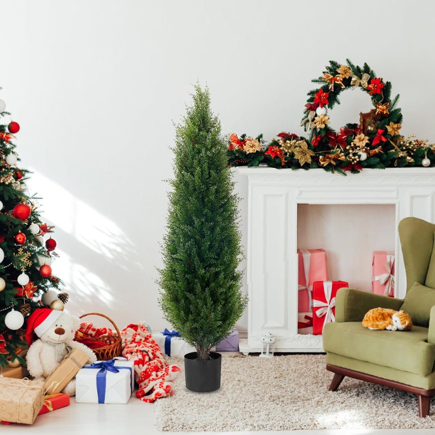 4ft(48”) Artificial Cedar Topiary Tree Potted Plants UV Resistant Leaves Outdoor Artificial Shrub Home and Office Interior Decoration Outdoor Pruned Trees Artificial Outdoor Tree