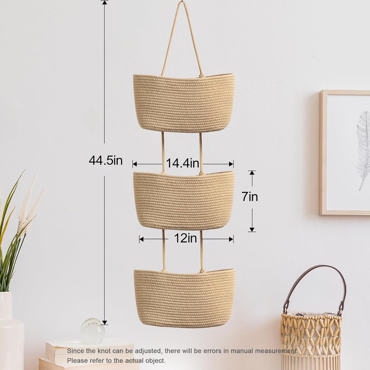 TeoKJ Over the Door Hanging Basket, 3-Tier Woven Cotton Wall-Mounted S