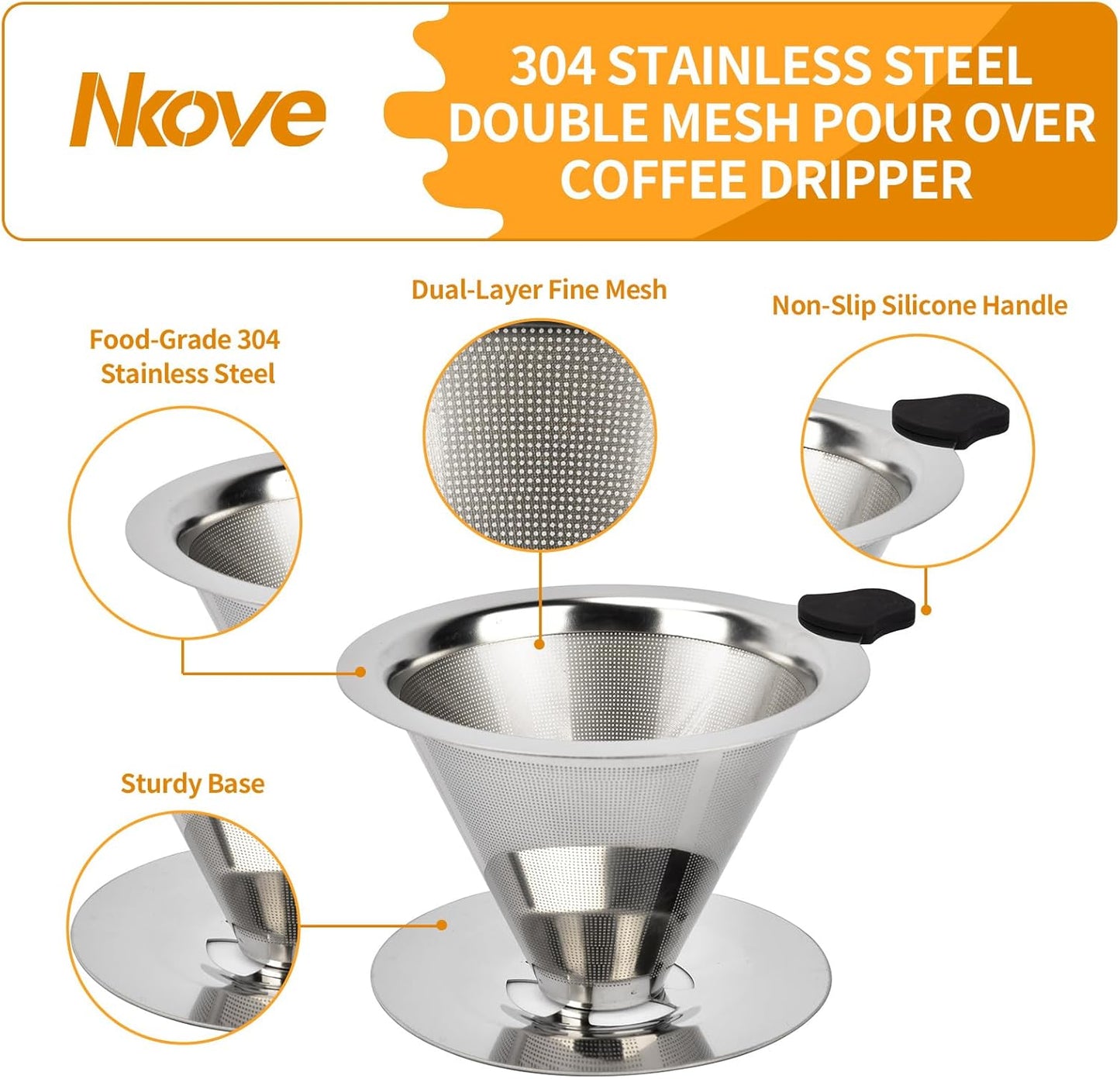 Pour Over Coffee Dripper Stainless Steel Reusable Filter Paperless Cone Coffee Maker Dripper for 1-2 Cup
