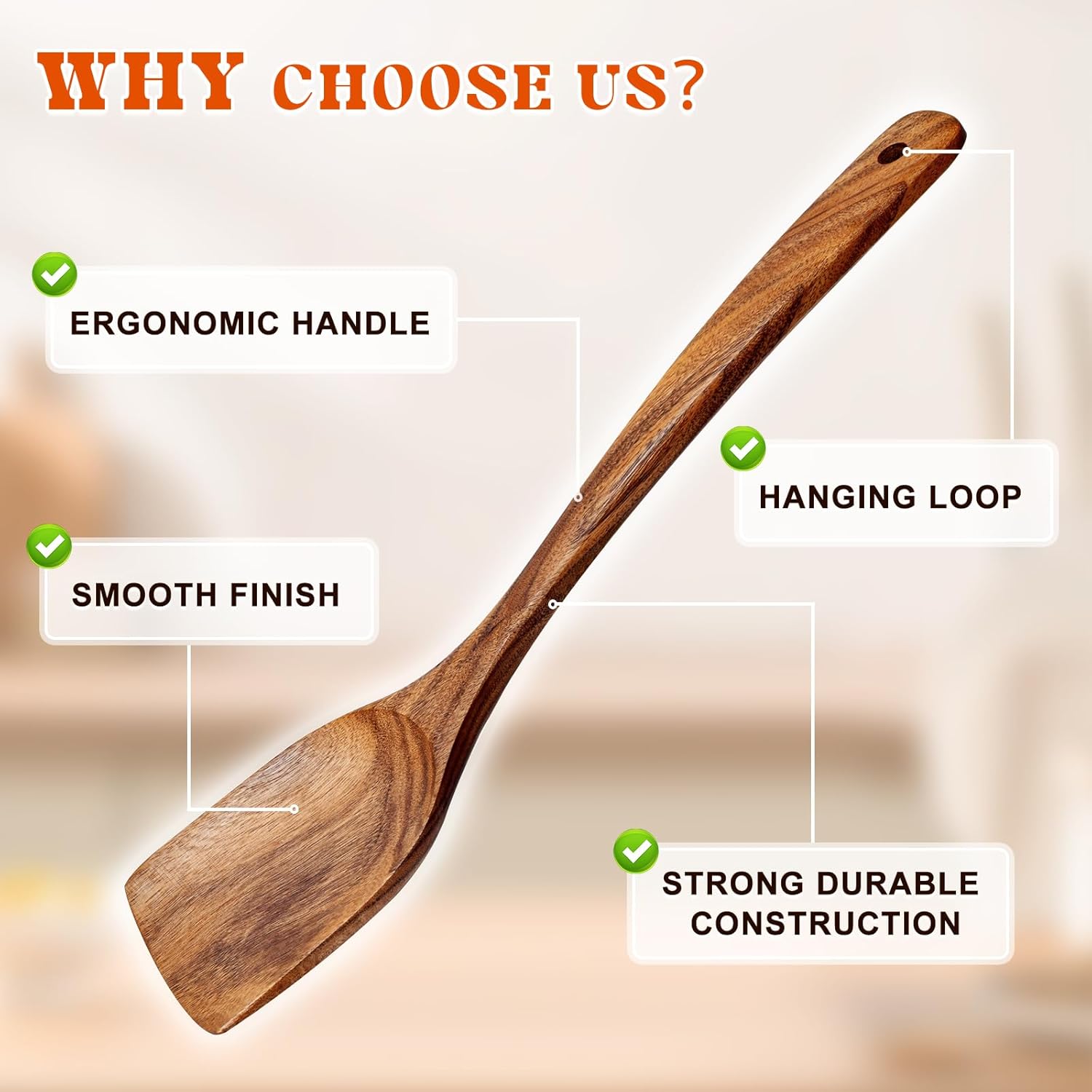 2Pcs Wooden Spatula, Acacia Solid & Slotted Turner Spatula Set, Long H