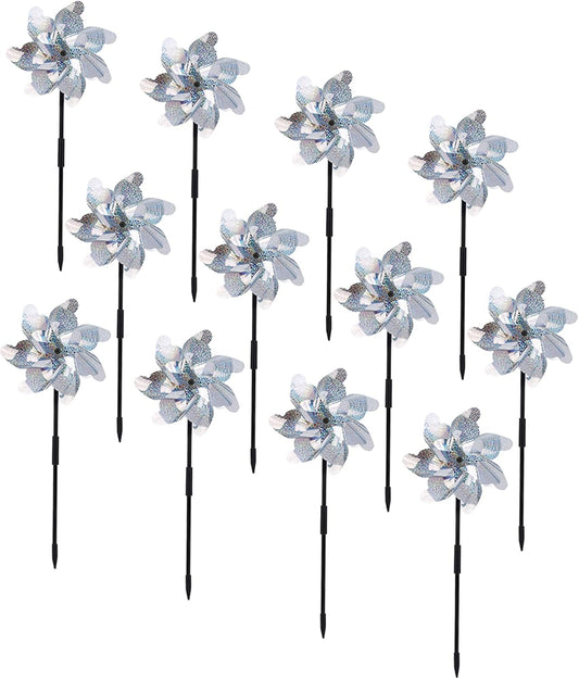 BATTIFE Reflective Pinwheels for Yard and Garden, Pre-Installed Sparkly Blind Birds Pin Wheel, Scare Birds & Animal Away Wind Spinner, 12 Pack (Silver)