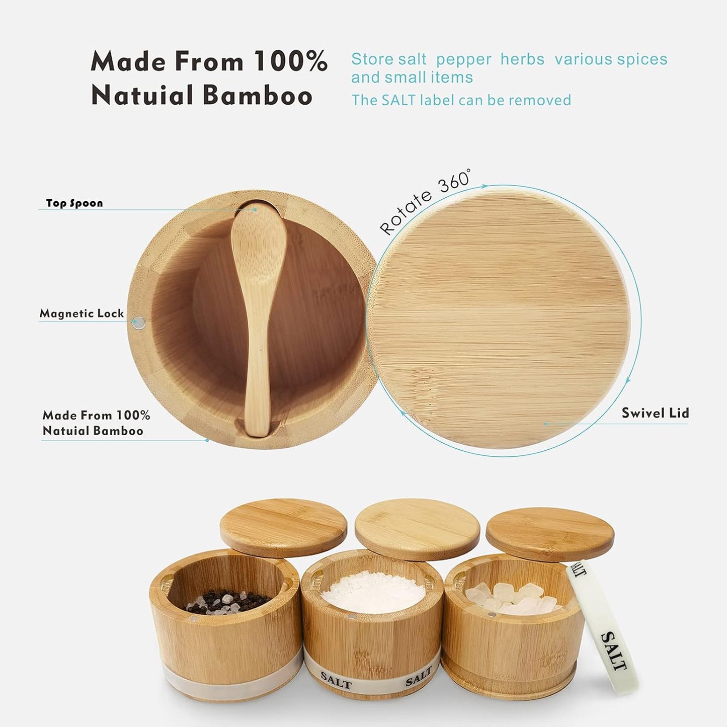 Salt Box Bamboo Salt Container with Swivel Lid with Magnetic to Easily Open and Seal Salt Cellar With Spoon for Storing Salt Pepper Sugar Herbs Small Spice Box