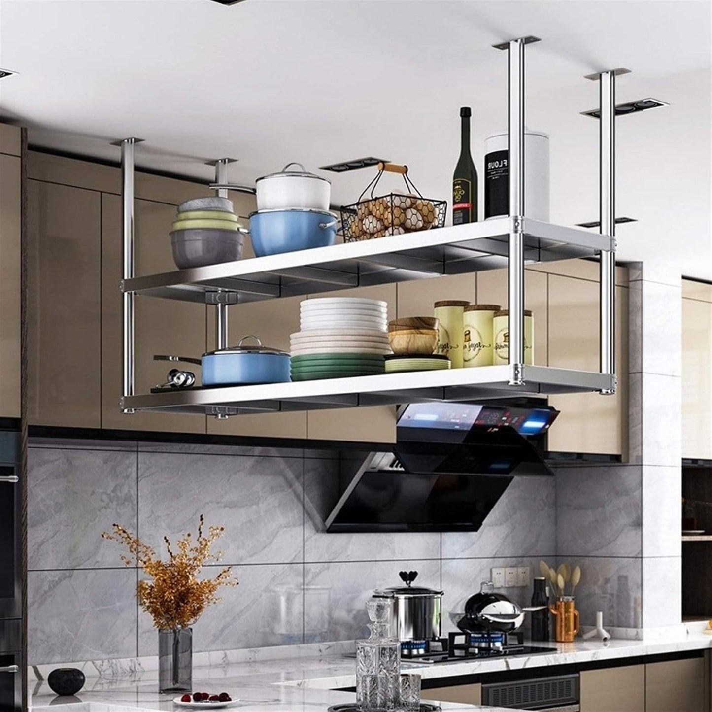 Stainless steel ceiling wine rack, hanging storage rack, minimalist kitchen shelf, outdoor plant stand, 2-tier kitchen shelves, easy to install, can bear 70-90kg (size: 120 * 35 * 80cm)
