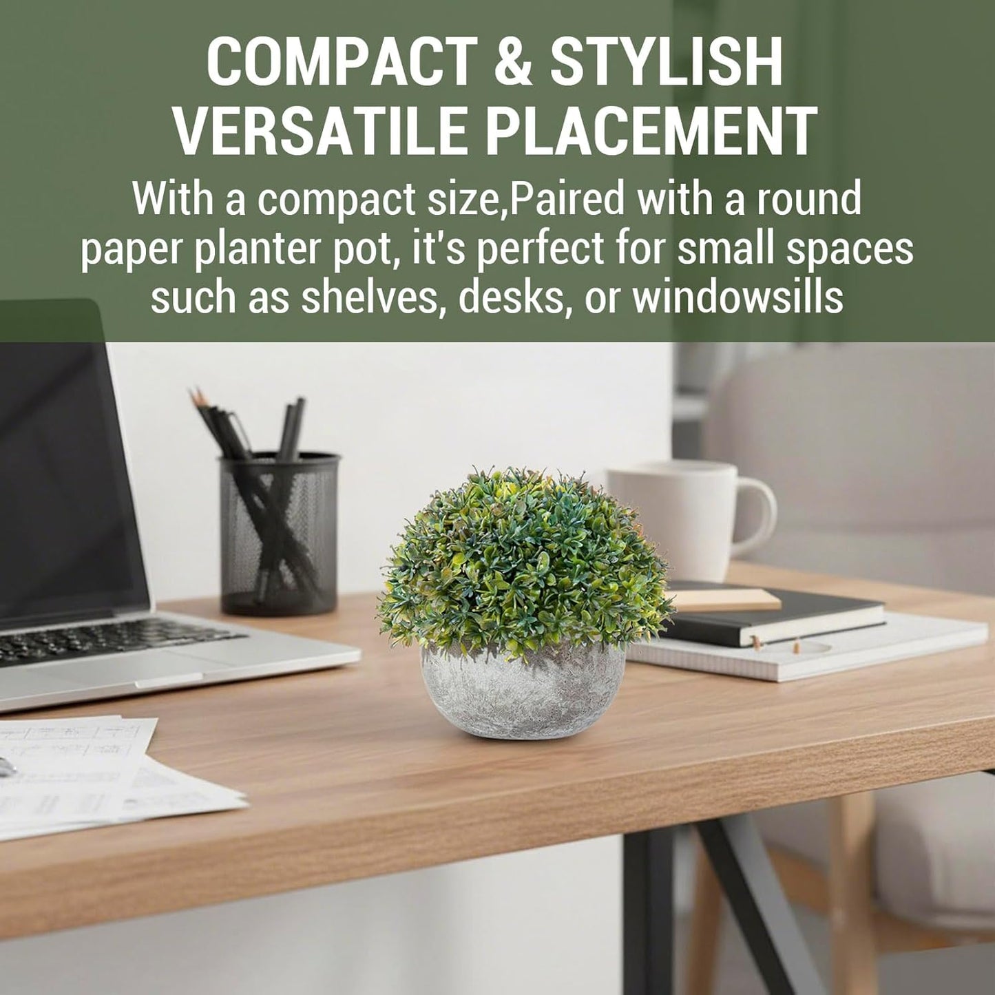 MyGift 5-Inch Artificial Topiary Ball Plant with Round Natural Paper Planter Pot – Small Faux Greenery Home and Office Desk Decoration
