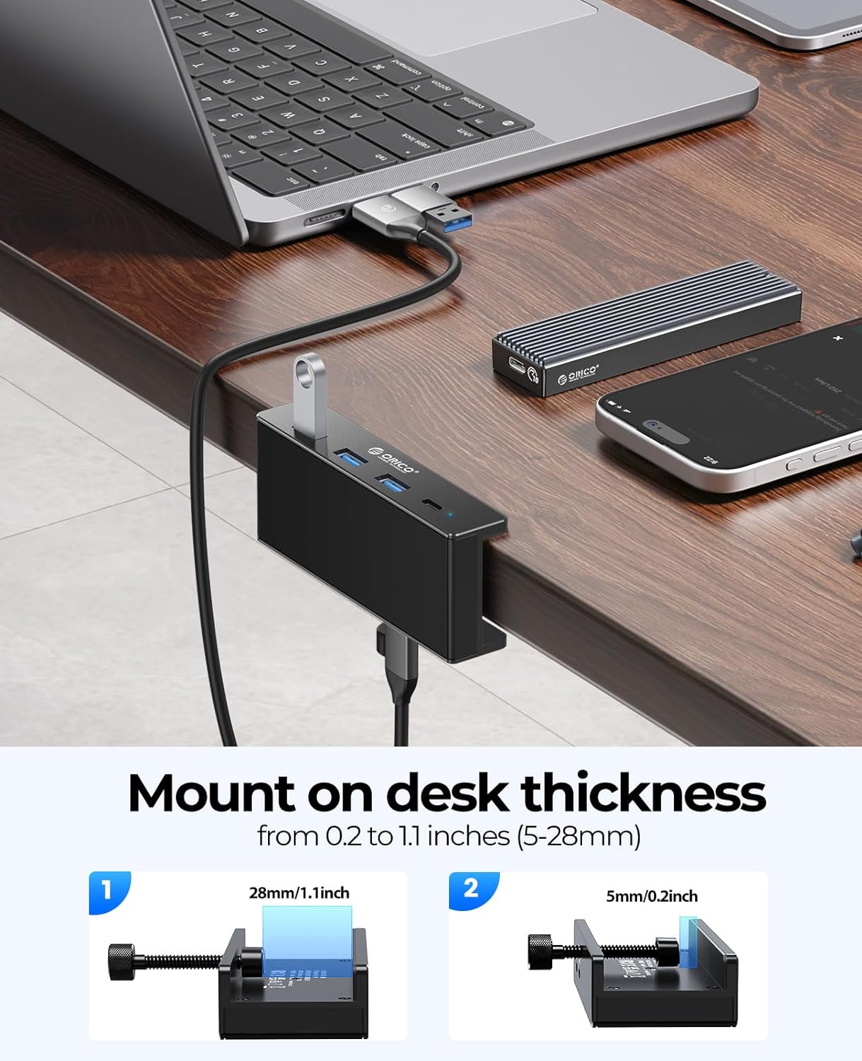 ORICO USB Hub 3.0, Clamp USB Hub with Extra Power Supply Port, Aluminu