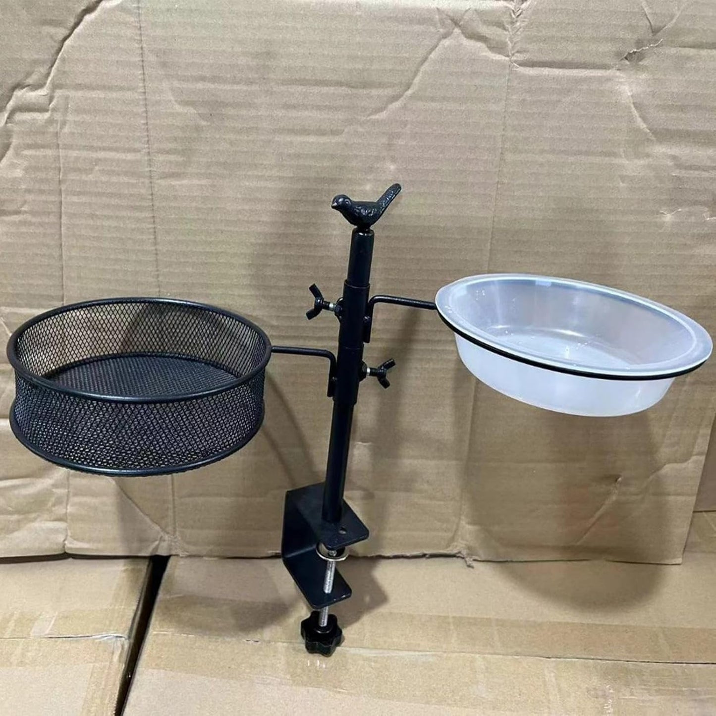 Balcony Bird Feeder, Adjustable Deck Mounted BirdsWater Bowl, 360-Degree Rotatable Feeding Station, Flower Pot Stand for Balcony Bird Bath Outdoor